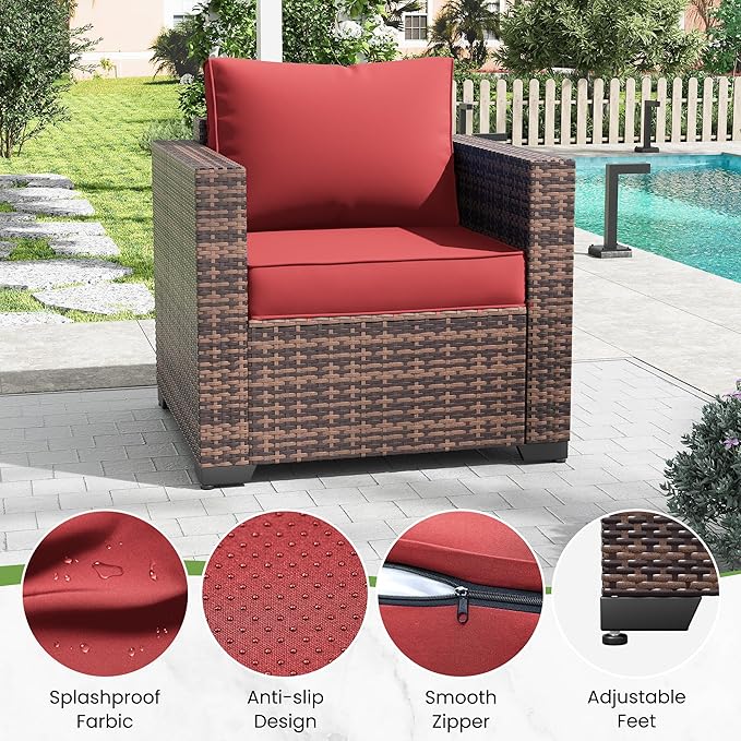 Amopatio Wicker Outdoor Sofa & Patio Couch Set - High Back Waterproof Patio Furniture Single Armrest Chair with Non-Slip Cushions, Outdoor Furniture Cover,Burgundy