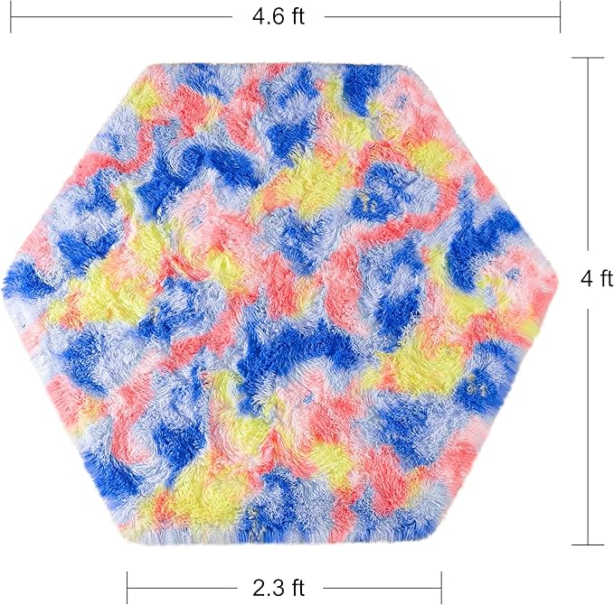 junovo Ultra Soft Hexagon Rug Fluffy Rainbow Nursery Rug for Princess Tent Kids Play Castle, Furry Hexagonal Carpet for Kids Girls Room Playhouse Classroom Dorm Home Decor, 4.6ft Tie-Dye Orange-Red