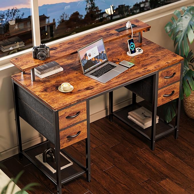 Huuger 47 inch Computer Desk with 4 Drawers, Gaming Desk with LED Lights & Power Outlets, Home Office Desk with Large Storage Space for Bedroom, Work from Home, Rustic Brown