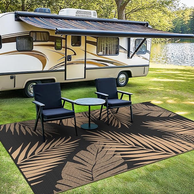 Outdoor Rug 5’x8’ Waterproof for Patio Clearance, Reversible Indoor Outdoor Plastic Straw Camping Rug Carpet, RV Mat, Large Area Rug for Deck, Backyard, Balcony, Porch, Beach, Black & Brown