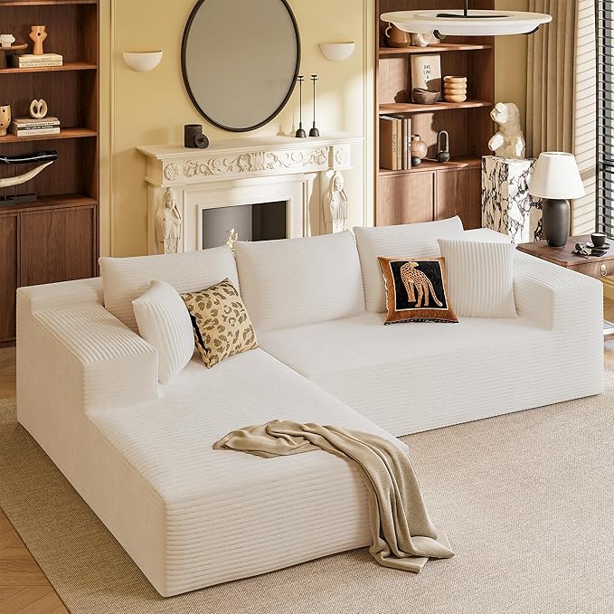 YESHOMY Sectional Couch, 108" Boneless Couches for Living Room, Modular Sectional Sofa with Deep Seat, Cloud Comfy Couch with L-Shape Chaise, No Assembly Required (Corduroy, Cream)