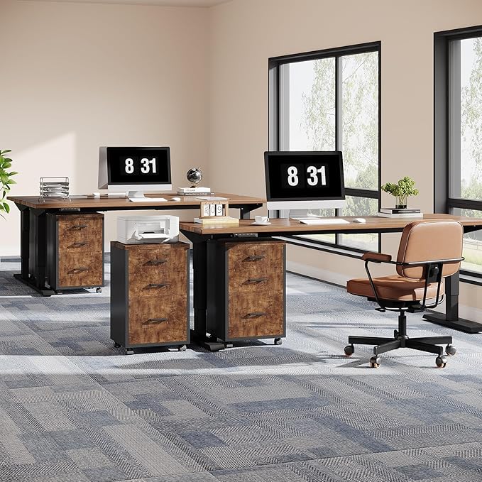 Triebsigns 3 Drawer File Cabinet, Wooden Office Filing Cabinet, Modern Rolling Printer Stand for Home Office, fits A4 or Letter Size, Under Desk (Brown)