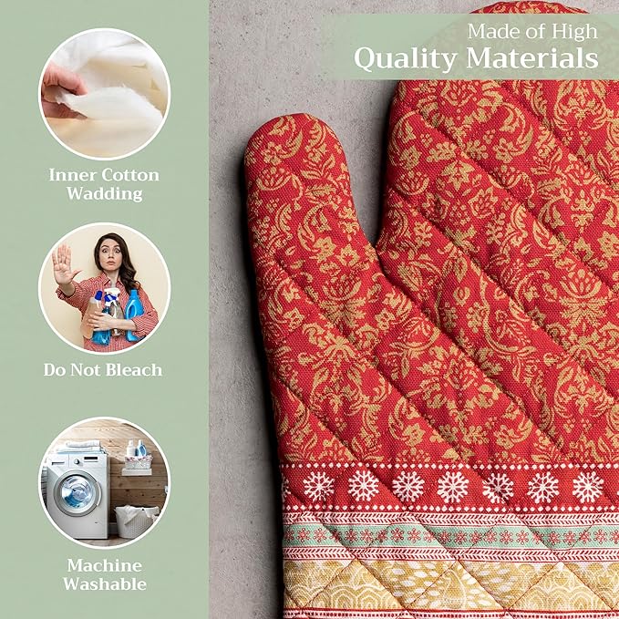 Maison d' Hermine Oven Gloves 100% Cotton Oven Mitt 7" x 13" with Loop Heat Resistant BBQ Cooking Gloves for Thanksgiving Christmas Decorations Baking Handling Hot Pans (Pack of 1, Sofia)