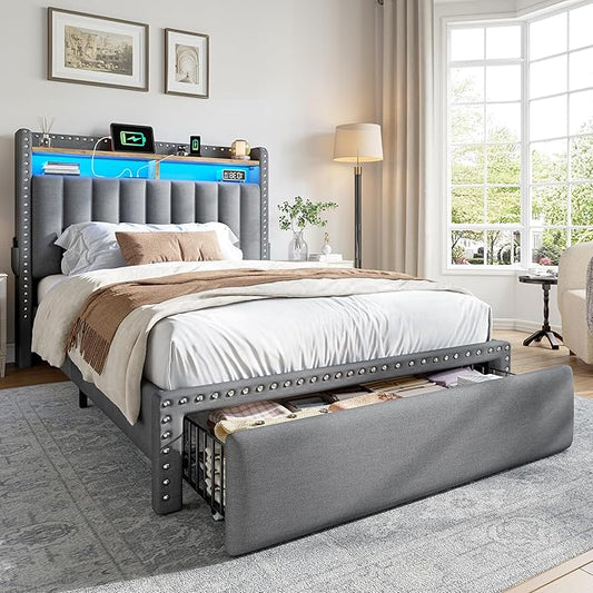 EnHomee Twin Size Bed Frame with One Large Storage Headboard & Charging Station, LED Platform Bed Frame with Storage Drawer, Sturdy Wooden Slats Support, Noise-Free, No Box Spring Needed, Grey