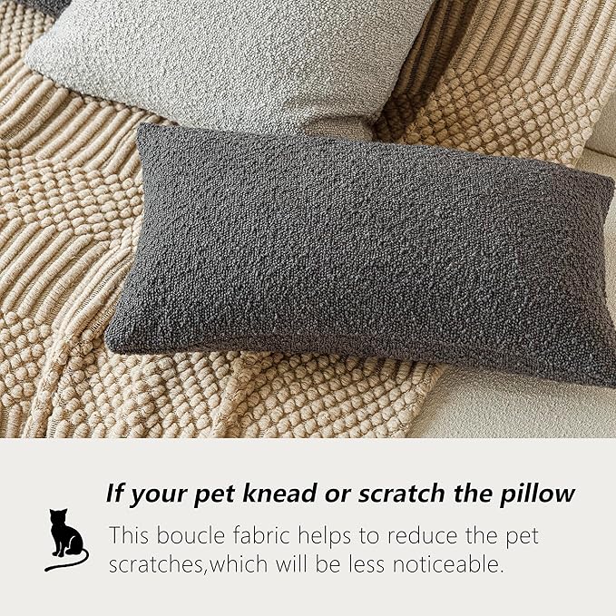 Foindtower Pack of 2 Textured Boucle Throw Pillow Covers Accent Solid Decorative Lumbar Pillow Cases Woven Couch Cushion Case for Sofa Living Room Home Decor, 12 x 20 Inch,Dark Grey