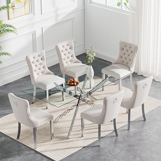 Goujxcy 7 Piece Glass Dining Table Set Modern Glass Dining Table Set for 6, 61" Rectangular Silver Kitchen Table and 6 Velvet Upholstered Chairs, Silver Table & Beige Chair