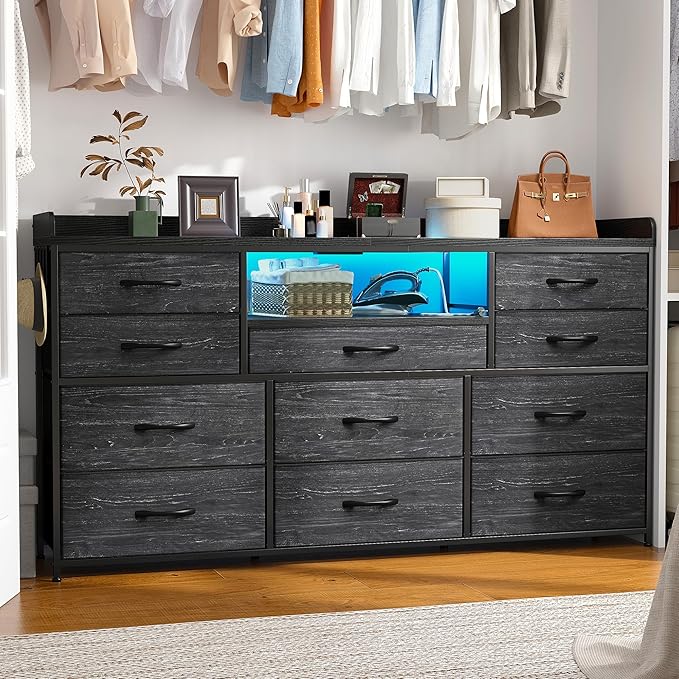 EnHomee Dresser TV Stand with 11 Drawers for 60" TV Stand for Bedroom with LED Lights & Power Outlets Long Dresser for Bedroom with Shelves & 4 Hooks Sturdy Metal Frame & Wood Top, Charcoal Black