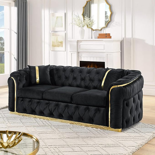 KEIKI 91" Luxury Oversized Velvet Chesterfield Sofa with Gold Stainless Steel Accents and 2 Pillows, Mid-Century Style 3-Seater Button Tufted Couch, Easy Assembly, for Apartment, Living Room, Black