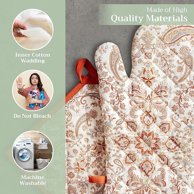 Maison d' Hermine 100% Cotton Oven Mitt & Pot Holder Set (7.5"x13" & 8"x8") Heat Resistant BBQ Cooking Gloves with Loop for Thanksgiving Christmas Decorations Handling Hot Pans (Cachemire)