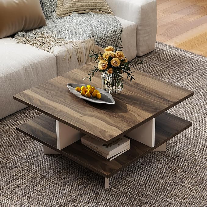 GOFLAME Farmhouse Coffee Table with Storage, 2-Tier Square Center Table with 4 Storage Compartments & Cross-Shape Base, Modern, Wood Tea Tables for Living Room, Lounge, Walnut + White