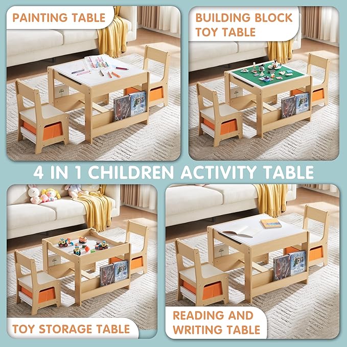 Kids Table and Chair Set, 4 in 1 Wooden Activity Table with Bookshelves and Storage Drawer, 2 in 1 Detachable Tabletop Construction Play Table Set for Drawing, Reading, Build Blocks