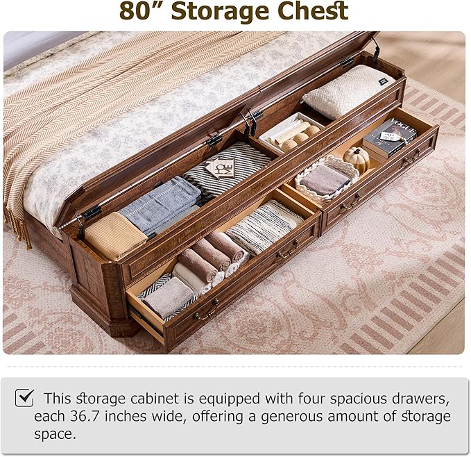 T4TREAM Farmhouse Queen Bed with Headboard and Storage Bench, Rustic Wood Platform Bed with 64" Storage Chest w/ 4 Large Drawer, Dark Brown