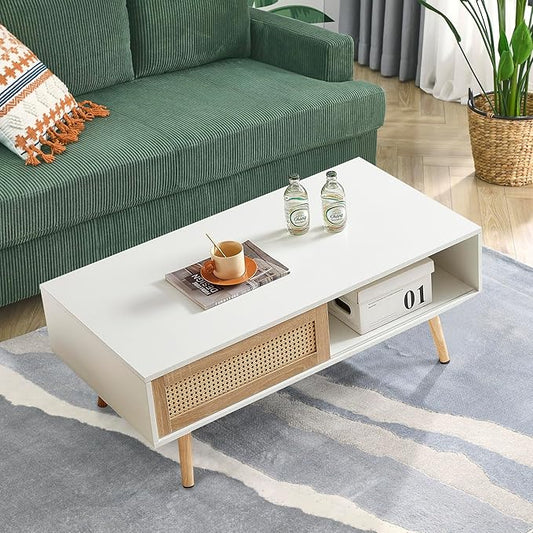 Rattan Coffee Table, 40.3" Mid Century Modern Coffee Table with Storage, Farmhouse Rectangle Wooden Accent Center Sofa Table for Living Room, White