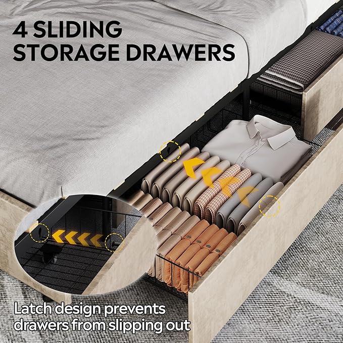 WLIVE Queen Size Upholstered Bed Frame with 4 Drawers and Velvet Square Tufted Headboard, Sturdy Metal & Wooden Slats Support, No Box Spring Needed, Easy Assembly, Beige