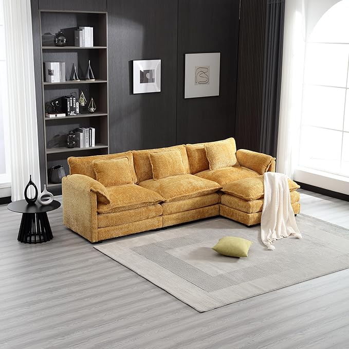 KEIKI 112" L-Shaped Chenille Modular Sectional Chenille Sofa with 1 Movable Ottoman & Memory Foam Cushion, Upholstered Oversized 4-Seater Couch, Easy Assembly, for Apartment, Living Room, Yellow