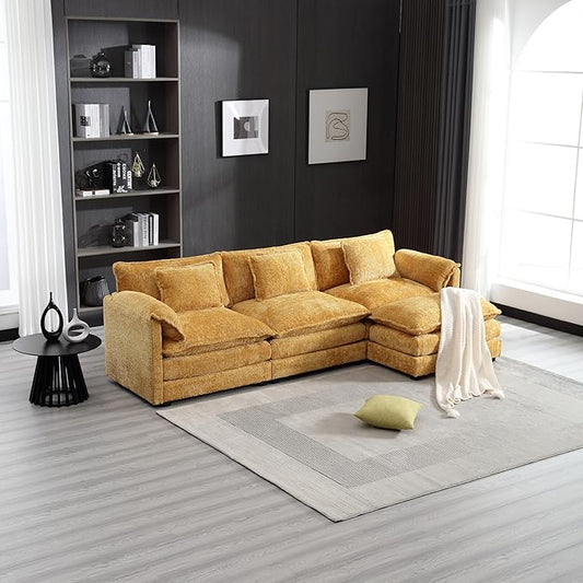 KEIKI 112" L-Shaped Chenille Modular Sectional Chenille Sofa with 1 Movable Ottoman & Memory Foam Cushion, Upholstered Oversized 4-Seater Couch, Easy Assembly, for Apartment, Living Room, Yellow