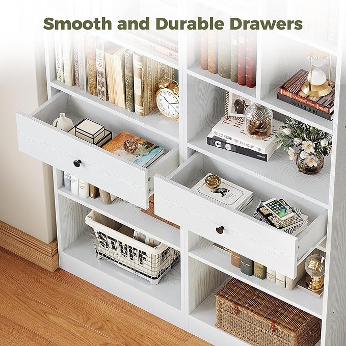 IRONCK Bookcase and Bookshelves, 70" Tall Bookshelf Floor Standing 6 Tiers Display Storage Shelves, Book Shelf with Drawers for Home Office, Living Room, Bedroom, Library, White