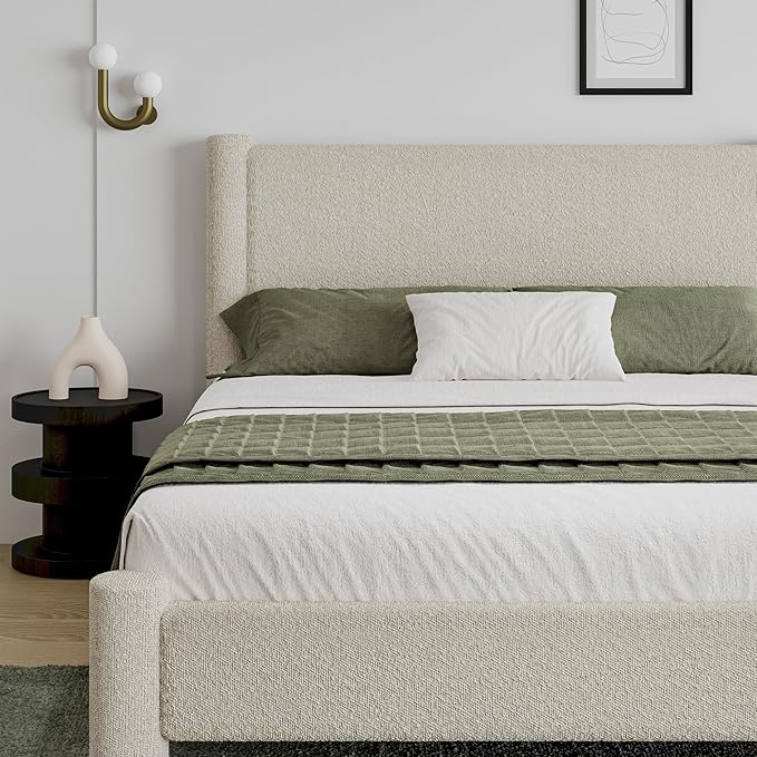 Full Size Bed Frame, Boucle Upholstered Platform Bed with Headboard and Footboard, Soft Rounded Corners, No Box Spring Required, Easy Assembly, Cream