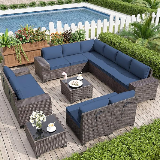 Kurapika 12 Pieces Patio Furniture Set, Rattan Wicker Outdoor Conversation Sets w/4 Inch Cushion and Glass Coffee Table(Navy Blue)
