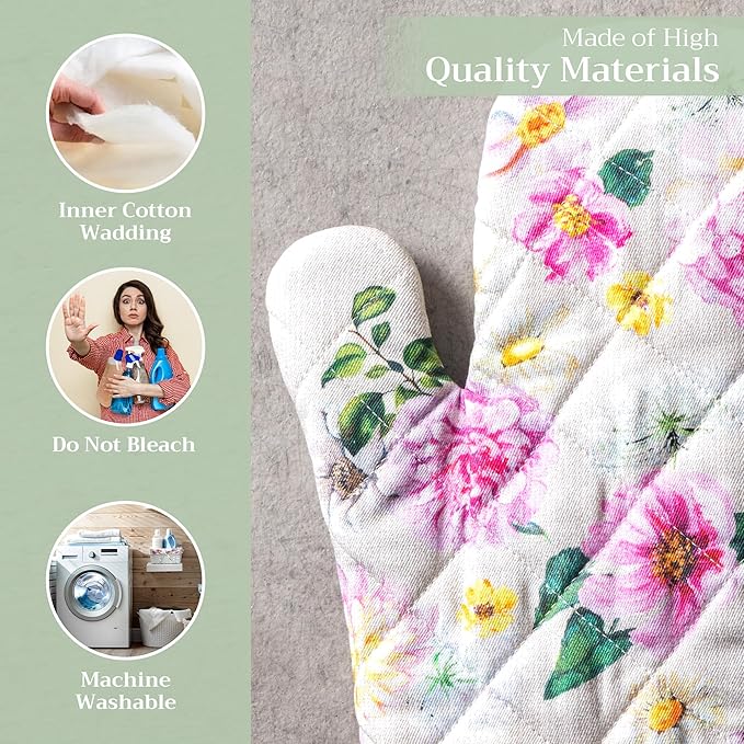 Maison d' Hermine Oven Gloves 100% Cotton Oven Mitt 7" x 13" with Loop Heat Resistant, BBQ, Cooking Gloves, Baking, Grilling, Kitchen, Handling Hot Pans Spring/Summer (Pack of 1, Pivoine)