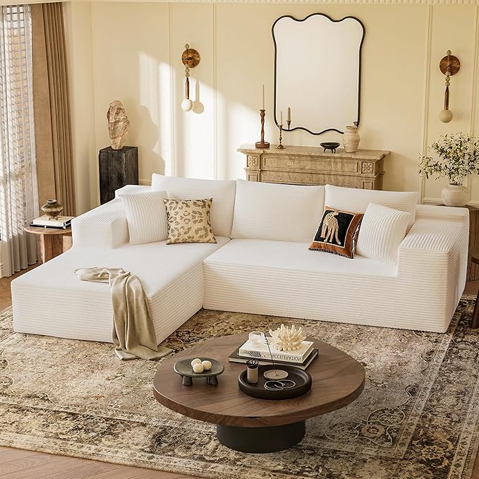 YESHOMY Sectional Couch, 108" Boneless Couches for Living Room, Modular Sectional Sofa with Deep Seat, Cloud Comfy Couch with L-Shape Chaise, No Assembly Required (Corduroy, Cream)