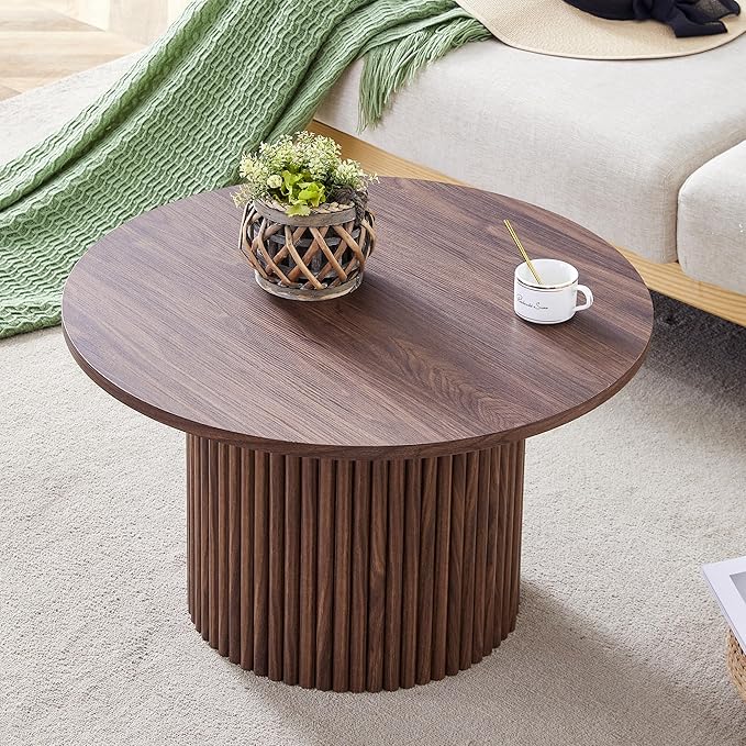 WILLIAMSPACE 27.5" Round Coffee Table with Ylindrical Leg, Modern Farmhouse Wood Circlar Center Table Accent Side End Table for Living Room Apartment, Walnut