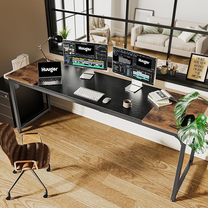 Huuger 78.7 Inch Office Computer Desk with Storage, Writing Work Desk for Home Office, Study, Gaming, Long Simple Desk, Large Legroom, Metal Frame, Rustic Brown and Black