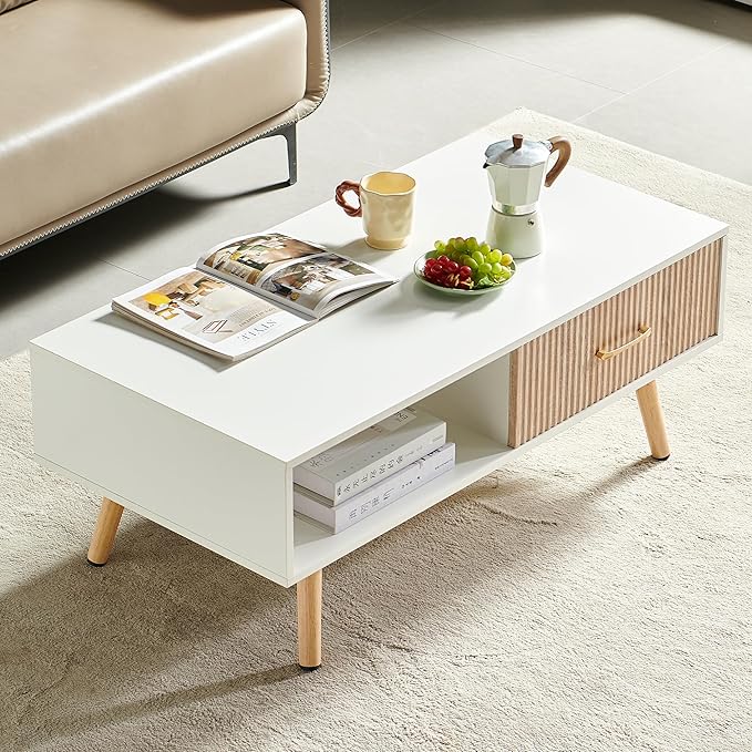 Mid Century Wooden Coffee Table with Stripe Drawer，Modern 41" Large Center Table with Storage，Rectangular White Coffee Tables for Living Room, 2-Tier Cocktail Table, Solid Wood Legs