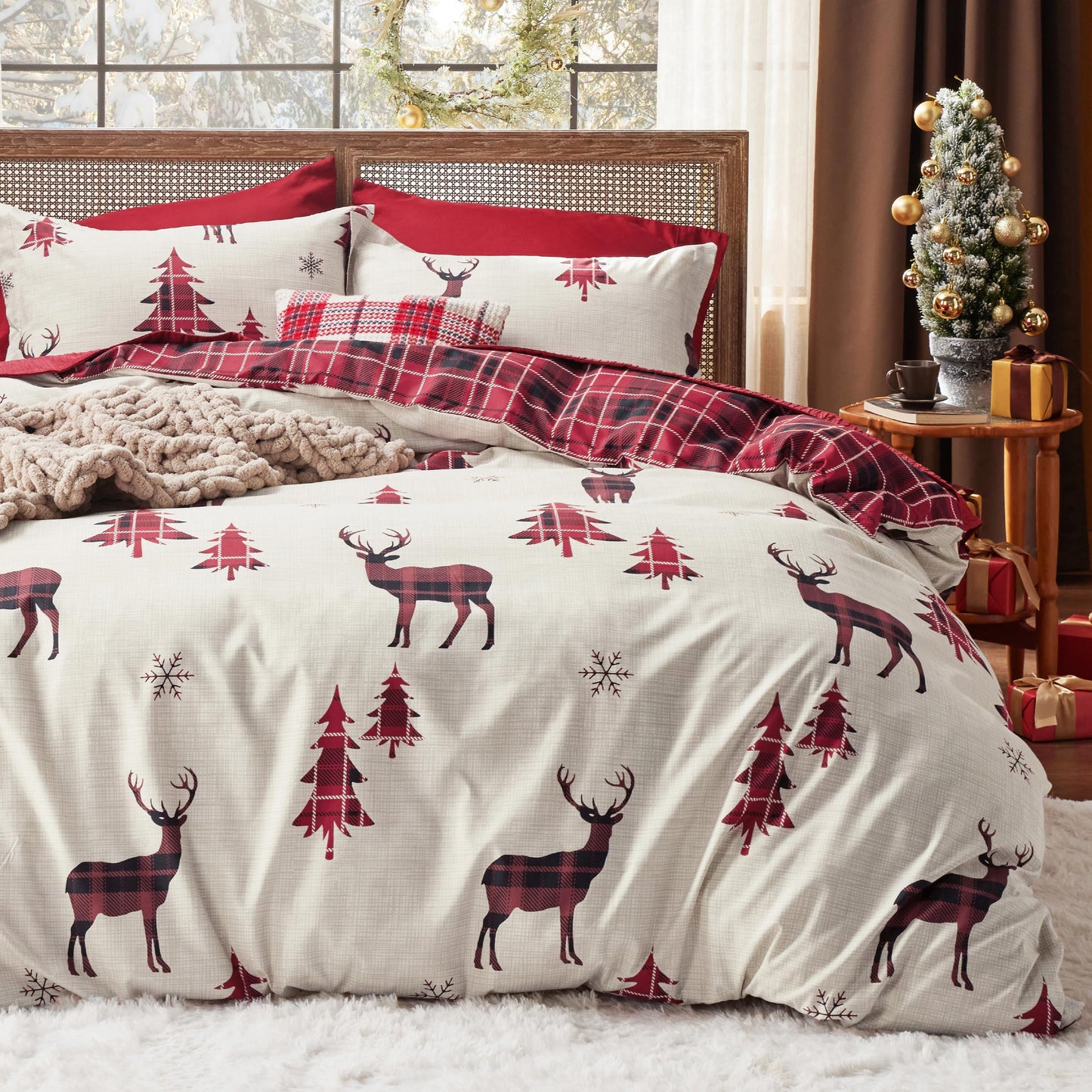 Bedsure Christmas Duvet Cover Queen - Christmas Bedding Set, Reversible Buffalo Check Printed Plaid Duvet Cover, 3 Pieces Bedding Set with 2 Pillow Shams (Queen, Reindeer)