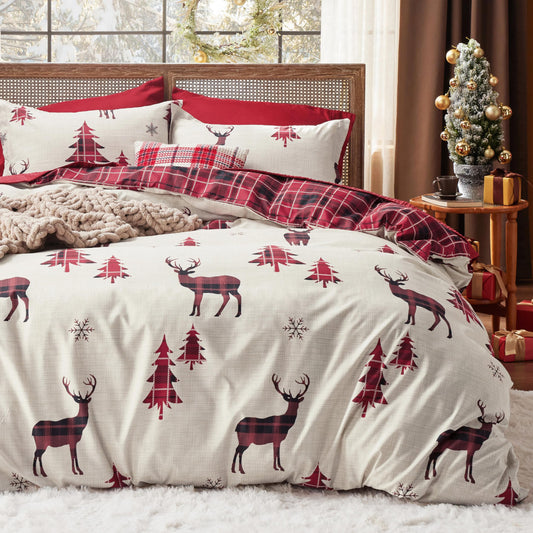 Bedsure King Size Christmas Duvet Cover Set - Festive Bedding Collection Featuring a Reversible Red Plaid Buffalo Check Design, Includes 1 Duvet Cover and 2 Pillow Shams (King, Reindeer)
