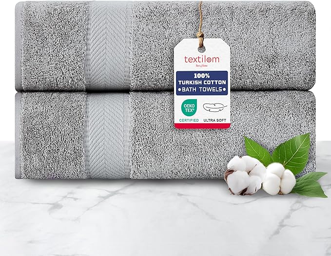 TEXTILOM 100% Turkish Cotton 2 Pcs Bath Towel Set, Luxury Bath Towels for Bathroom, Soft & Absorbent Hotel Quality Bathroom Towels Set (27 x 54 inches)- Grey