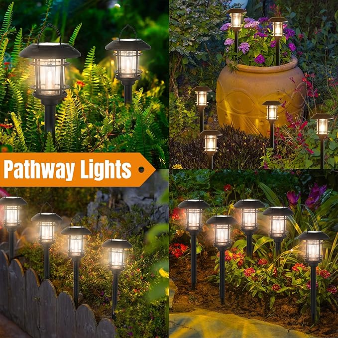 Dynaming 6 Pack Dual Use Solar Path Lights Outdoor, Hanging Lantern Solar Garden Lights with Edison Bulb, Landscape Lighting, Waterproof & Auto On/Off for Patio Pathway Walkway Driveway, Warm White