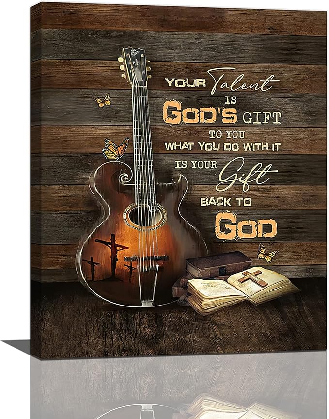 banonaty Christian Guitar Wall Art Rock Music Decor Musical Pictures Artwork Inspirational Quotes Canvas Prints Room For Studio Bedroom Living Bathroom Framed 16''x20''