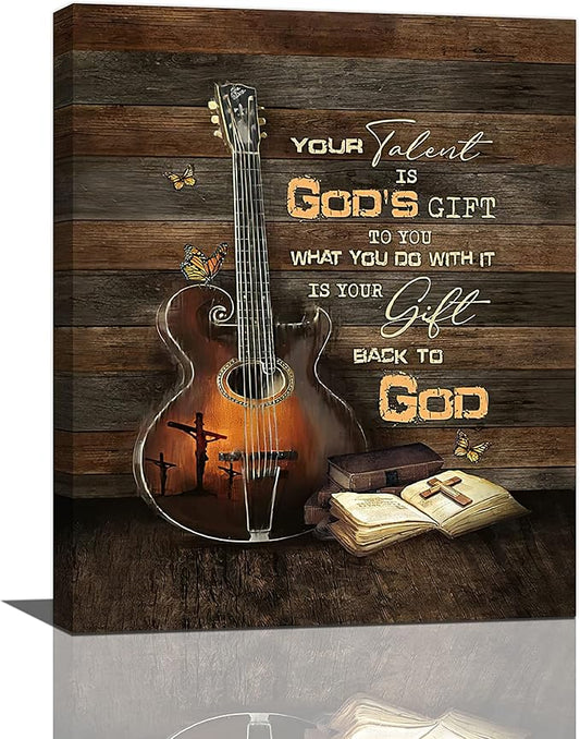 banonaty Christian Guitar Wall Art Rock Music Decor Musical Pictures Artwork Inspirational Quotes Canvas Prints Room For Studio Bedroom Living Bathroom Framed 16''x20''