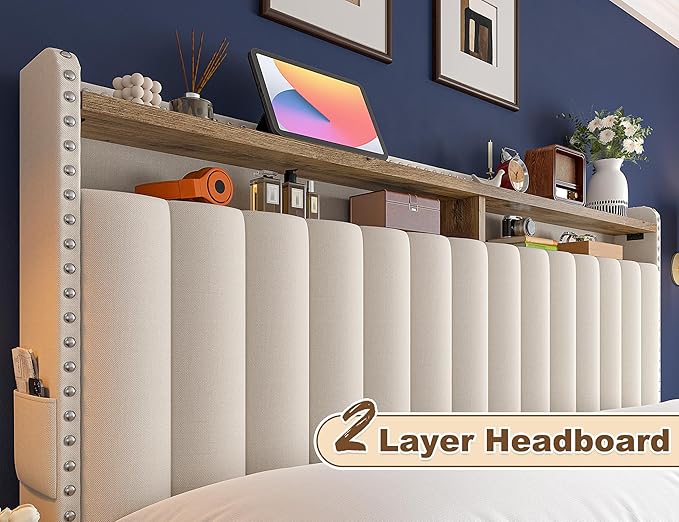 EnHomee King Size Bed Frame, Upholstered King Bed Frame with 4 Storage Drawers & 2-Tier Headboard Shelves, 1200LBS Heavy Duty, No Box Spring Needed, Easy Assembly, Beige