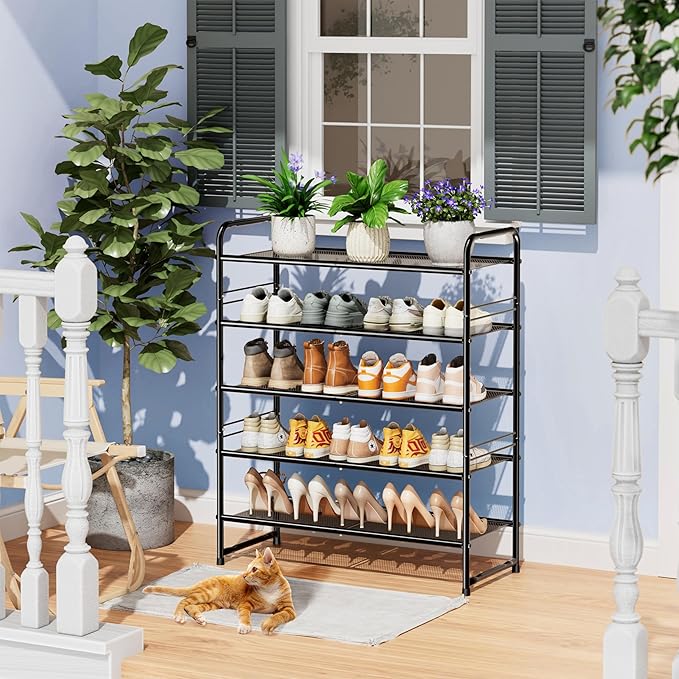 SUFAUY Shoe Rack, 5-Tier 33" Wide Shoe Storage Rack for 24-30 Pairs of Shoes, Mesh Shoe Organizer for Entryway Closet, Steel Frame, Industrial, Black