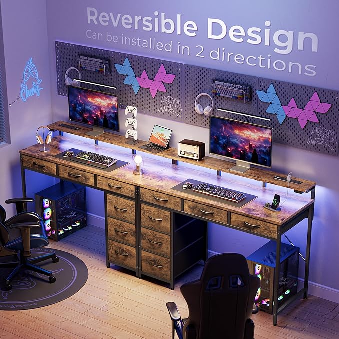 Huuger Gaming Desk with 6 Drawers, Computer Desk with LED Lights Power Outlets and Type-C, 39 Inch Office Desk with Storage, Monitor Stand, Writing Desk Work Desk Home Office, Study, Rustic Brown