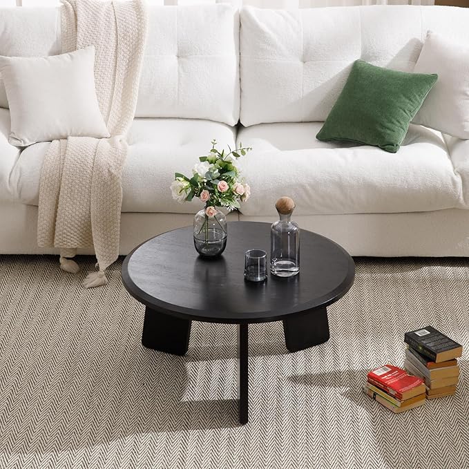 Modern Wood Coffee Table Small Desk Farmhouse Round Coffee Table Floor Table Couch Table Easy Assembly for Living Room/Office/Reception/Sofa Couch End, Black