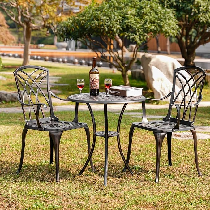 3 Piece Patio Bistro Set Outdoor Bistro Table Set Anti Rust Bistro Table and Chairs w/Umbrella Hole, Durable Patio Set for Porch, Balcony