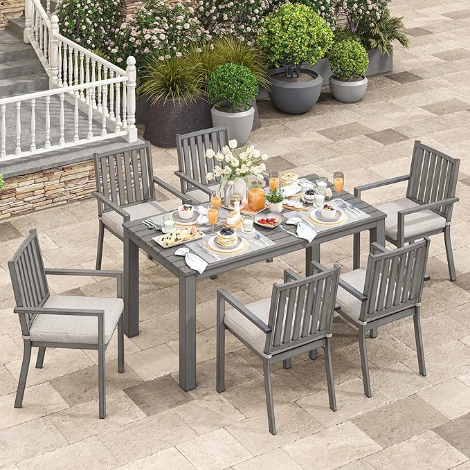 Wisteria Lane Aluminum 7 Pieces Patio Dining Sets, Outdoor Dining Table with 6 Chairs, Outdoor Patio Dining Furniture Set with Removable Cushion for Lawn, Garden, Backyard, Gray