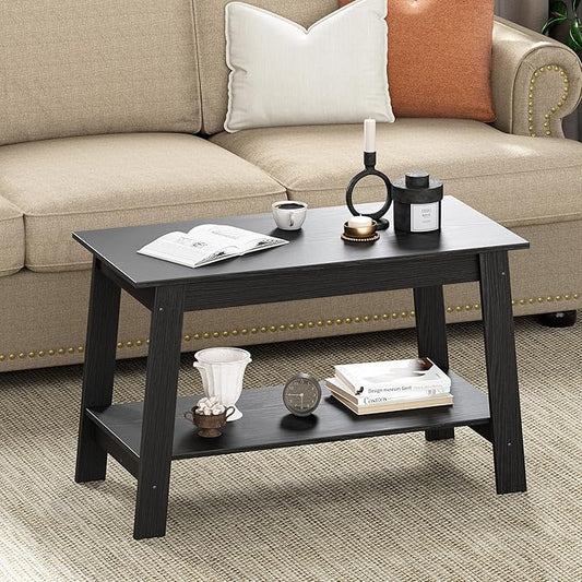 Coffee Table for Living Room, 2 Tier Coffee Table with Storage, Small Rectangular Center Tables with Shelf, Space Saving, Easy Assembly, Black