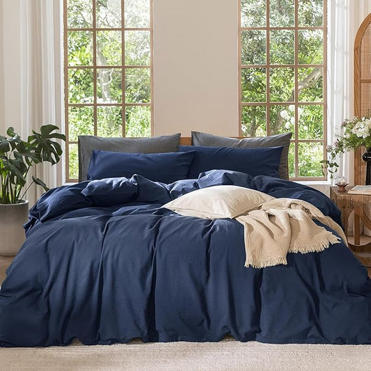 MooMee Bedding Duvet Cover Set 100% Washed Cotton Linen Like Textured Breathable Durable Soft Comfy (Solid Navy, King 104"x90")