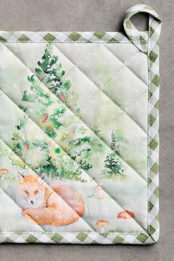 Maison d' Hermine Pot Holders Set 100% Cotton Heat Resistant Potholders 8" x 8" Hot Pads with Loop for Thanksgiving Christmas Decorations BBQ Baking Handling Hot Pans (Pack of 2, Winter Mornings)