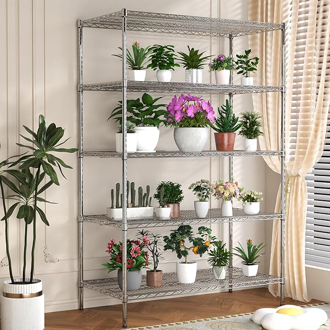 5 Tier Metal Shelving Unit with Wheels, 72" H x 48”W x 24”D Industrial Storage Shelves 1500 LBS Load Capacity, Steel Wire Storage Shelving for Garage, Kitchen, Pantry, Living Room