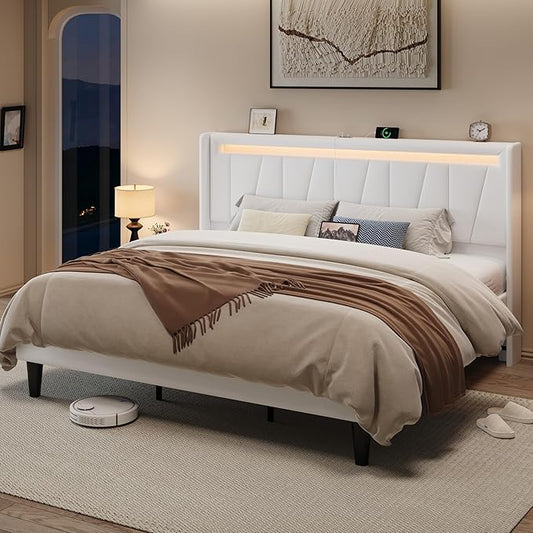 Allewie King Size LED Bed Frame with Charging Station, Velvet Upholstered Platform Bed with Geometric Wingback Headboard, Modern Frame with No Box Spring Needed, Easy Assembly, White