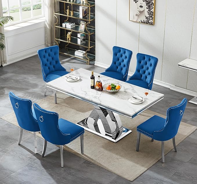 Modern White Marble Dining Table Set for 6,7-Piece Kitchen Table and Chairs for 6,Luxury Silver Dining Room Table Set w/68" Rectangle Dinner Table & 6 Blue Velvet Chairs for Kitchen Dining Room