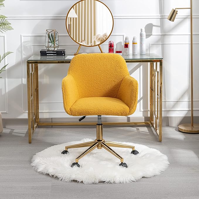 Goujxcy Fluffy Desk Chair, Faux Fur Vanity Chair Swivel Office Chair for Girls Women, Height Adjustable Cute Teddy Furry Makeup Chairs for Bedroom Home Office