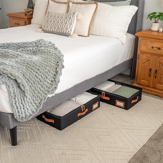 OrganiHaus Under Bed Storage Containers, Bedroom Storage and Organization Bins, Clothes Organizer for Closet with Clear Cover and Reinforced Handles - Set of 2 23.5x12.5x5 inches Black