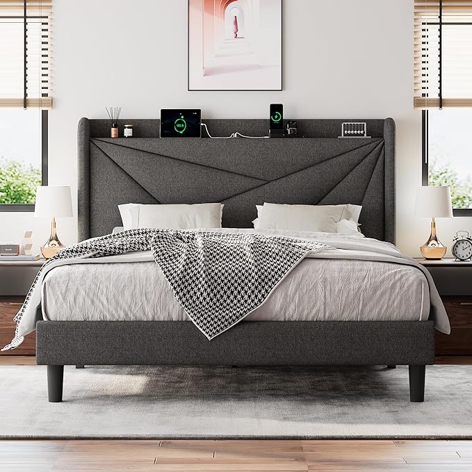 Queen Size Upholstered Bed Frame with Charging Station, Platform Bed Frame with Storage Headboard, Solid Wood Slats Support, No Box Spring Needed, Dark Gray