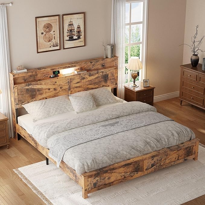 Farmhouse Wooden Bed Frame King Size with Storage Headboard, Boho Platform Bedframe with LED Lights and Charging Station, Metal Slats Support, No Box Spring Needed, Brown